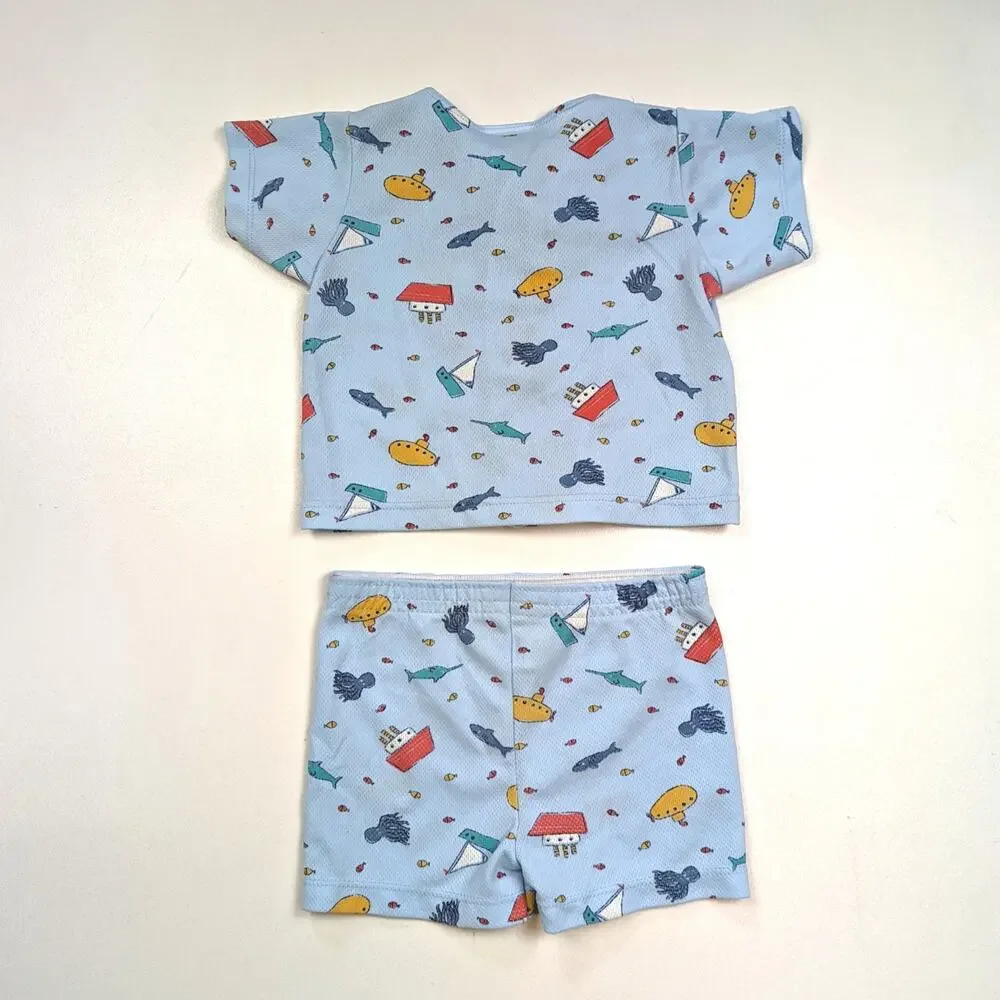 Vintage Carter's Pajamas Baby Boys Sz 6-12m Blue Sailboat Nautical Shorts Set